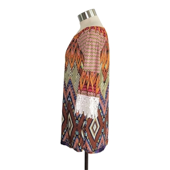WinWin Boho Lace Trimmed Half Sleeve Colorful Geo Print Tunic Top Women's Sz S/M - Picture 2 of 9